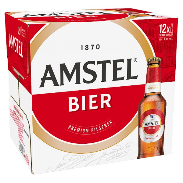 Amstel Beer Premium Bavarian Pilsener Style Lager 3.4% Bottles 12x330ml